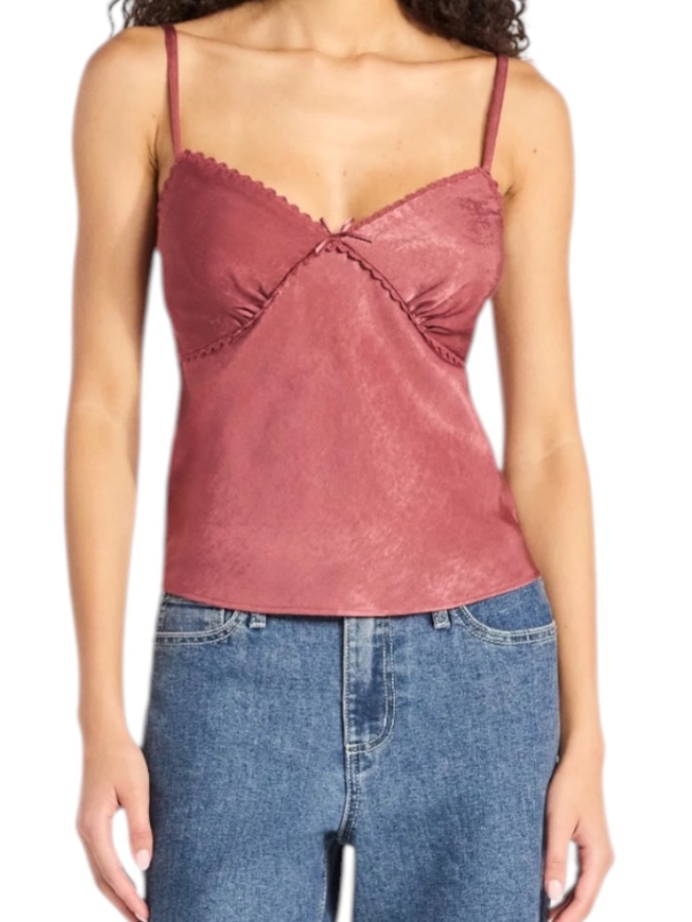 No Boundaries Dusty Rose Woven Cami Top with Lace Trim and Bow